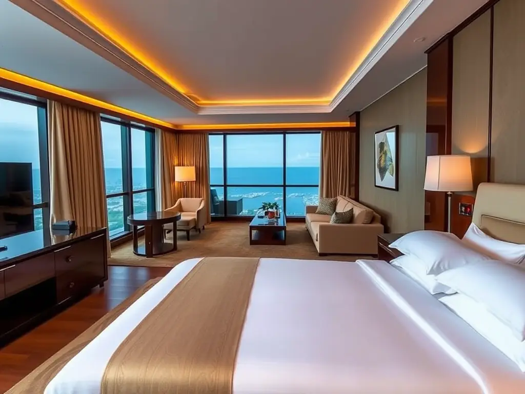 A beautifully appointed suite in the PokerNhaTrang casino hotel, featuring a king-size bed, a spacious living area, and floor-to-ceiling windows with a panoramic ocean view. The room is decorated in a modern, elegant style with high-end furnishings.