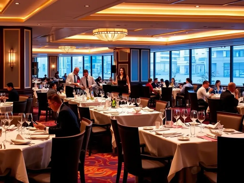 A lively scene from the PokerNhaTrang casino hotel's fine dining restaurant, featuring elegantly set tables, attentive waitstaff, and guests enjoying gourmet meals. The atmosphere is sophisticated and inviting.