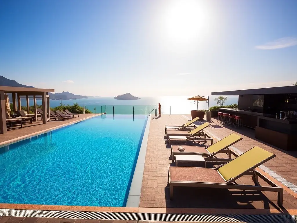 A high-resolution image of the hotel's outdoor swimming pool, featuring comfortable lounge chairs, a poolside bar, and a view of the Nha Trang coastline.