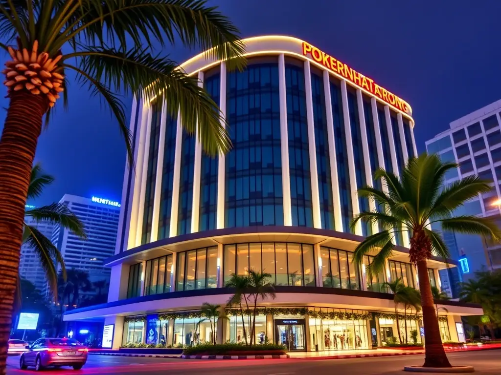 A wide shot of PokerNhaTrang hotel exterior, showcasing its modern architecture and prime location in Nha Trang, with palm trees and city lights in the background.