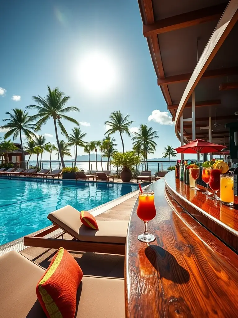 A relaxing scene at the PokerNhaTrang casino's poolside bar, featuring comfortable lounge chairs and a variety of refreshing cocktails.