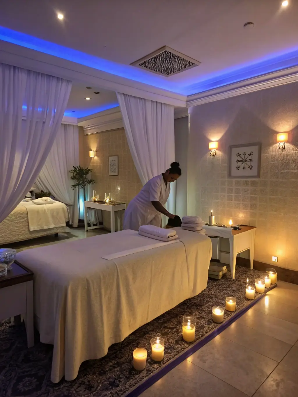 A serene image of the PokerNhaTrang casino spa, featuring a dimly lit massage room with soft lighting and calming decor.