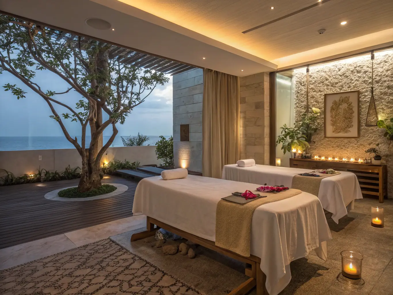 A vibrant image of the PokerNhaTrang casino hotel's spa, showcasing a serene atmosphere with soft lighting, comfortable massage beds, and skilled therapists providing various treatments. The scene exudes relaxation and rejuvenation.