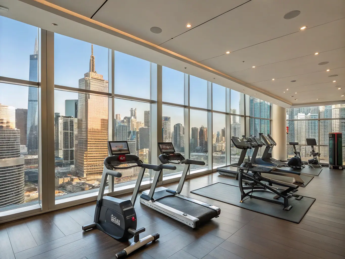 An interior shot of the hotel's state-of-the-art fitness center, showcasing modern equipment, spacious workout areas, and panoramic city views.