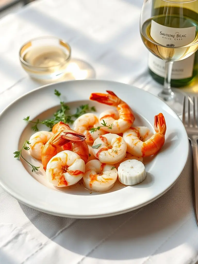 A beautifully plated dish of fresh seafood at the PokerNhaTrang casino's signature seafood restaurant, showcasing the vibrant colors and textures of the ingredients.